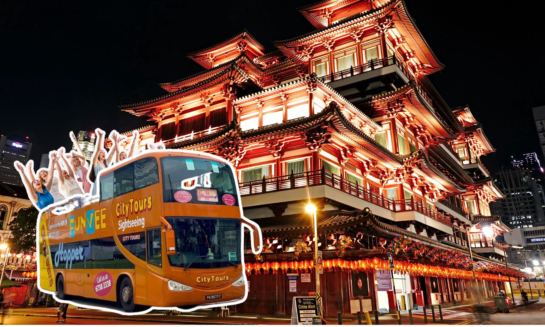 オープントップバス2階席より、チャイナタウンのネオンや賑やかな街並みを眺めながら車窓観光をお楽しみください。